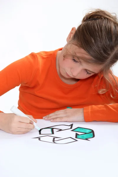 Meisje kleurstoffen recycling teken — Stockfoto