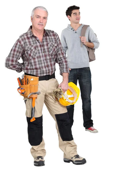 Teenager stood with woodworker — Stock Photo, Image