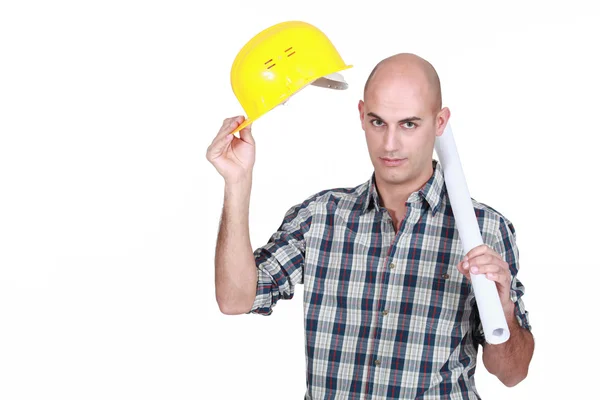 Trabajador de la construcción con planes — Foto de Stock