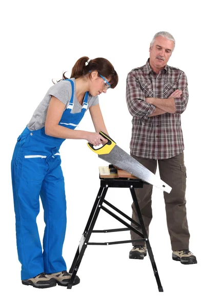 A carpenter and his trainee. — Stock Photo, Image