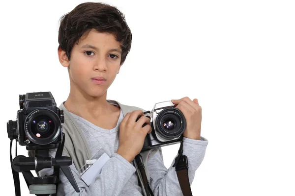 Little boy with two cameras — Stock Photo, Image