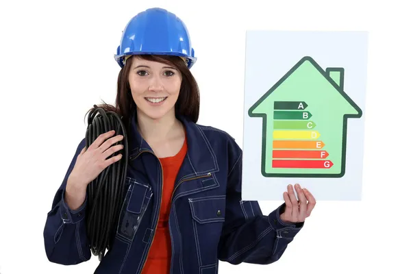 A female electrician promoting energy savings. — Stock Photo, Image