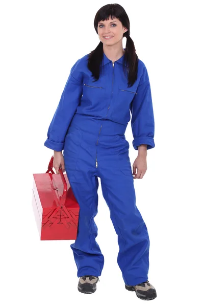 Woman with red toolbox — Stock Photo, Image