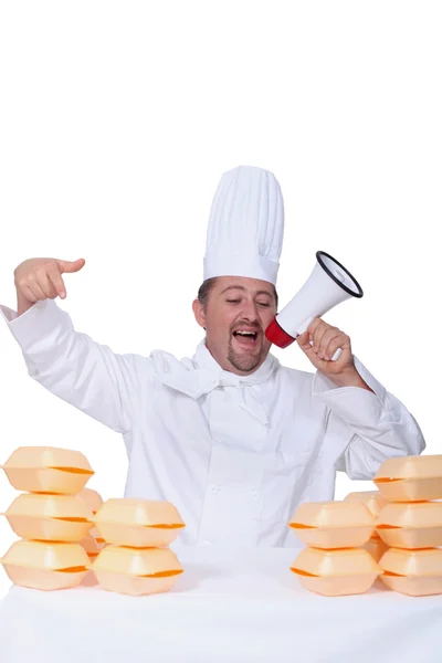 Male chef with megaphone — Stock Photo, Image