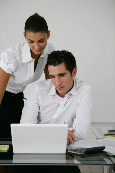 Dos colegas mirando la pantalla del ordenador portátil — Foto de Stock