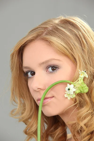 Mujer joven con flor sobre fondo gris —  Fotos de Stock