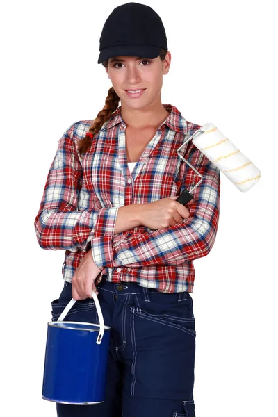 Female painter with a roller — Stock Photo, Image