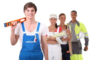 Apprentice craftsman holding a level clipart