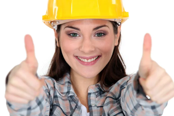 Polegares acima de um trabalhador da construção feminina — Fotografia de Stock