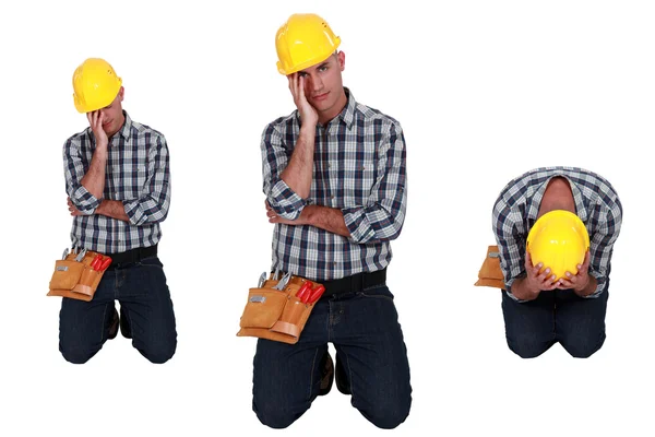 Three shots of a devastated construction worker — Stock Photo, Image