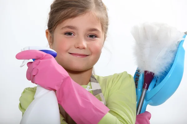 Fille avec des produits de nettoyage — Image Fille avec des produits de nettoyage Images De Stock Libres De Droits