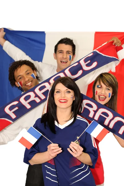 Skupina přátel, podporující francouzské fotbalové reprezentace — Stock fotografie