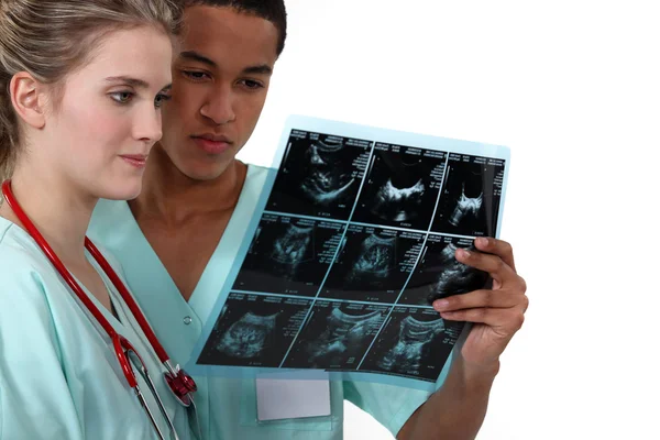 Medical workers looking at scans — Stock Photo, Image