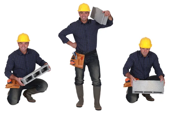 Multiple shot of mason carrying breeze block — Stock Photo, Image