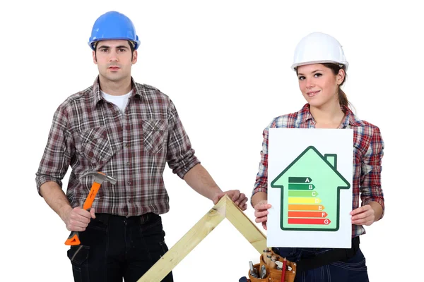 Couple stood with energy rating — Stock Photo, Image