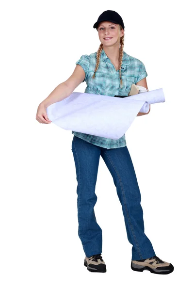 Woman holding roll of wall paper — Stock Photo, Image