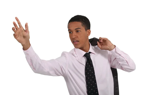 Businessman calling someone and raising his hand — Stock Photo, Image