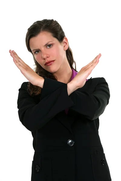 Retrato de la mujer de negocios bonita haciendo gesto de parada con las manos —  Fotos de Stock