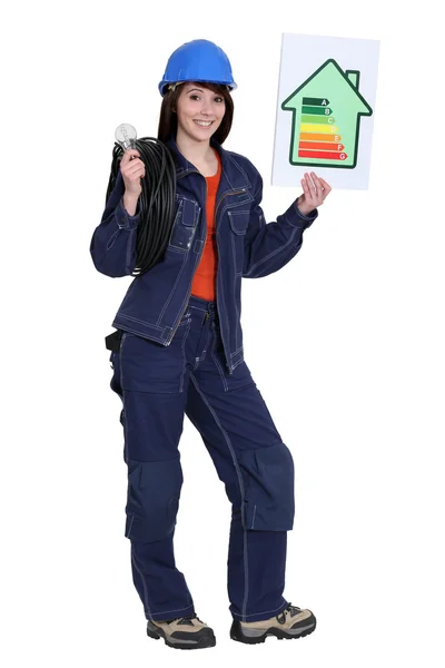 Electricista femenina con tarjeta de calificación energética — Foto de Stock