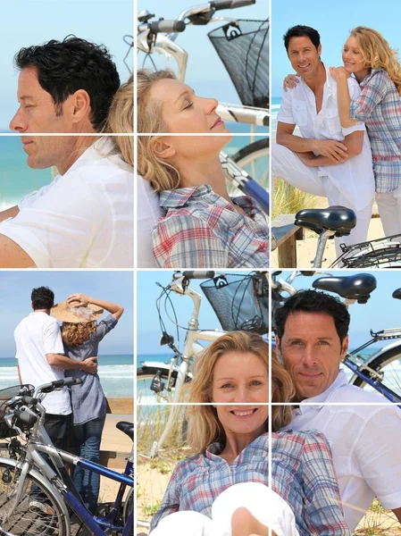 Collage di coppia con bici in riva al mare — Foto Stock