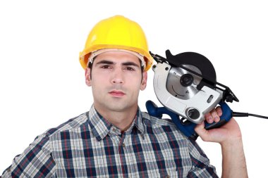 Man posing with electrical saw clipart