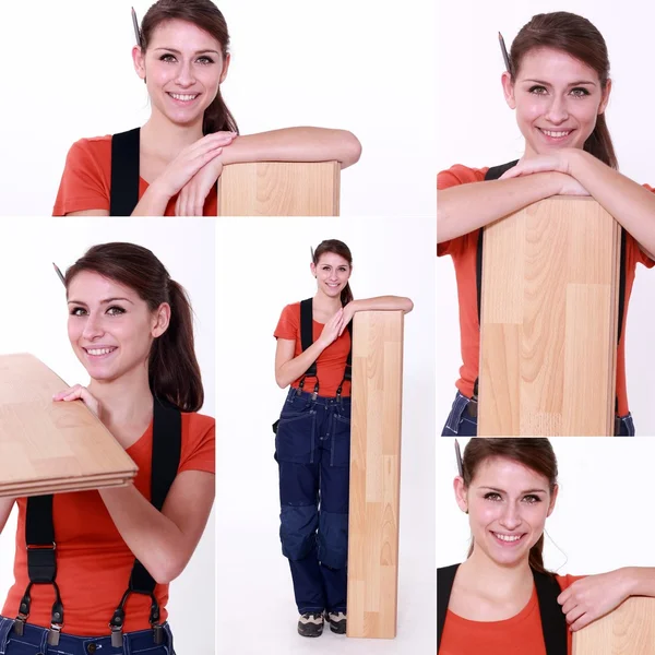 Snapshots of young female carpenter — Stock Photo, Image