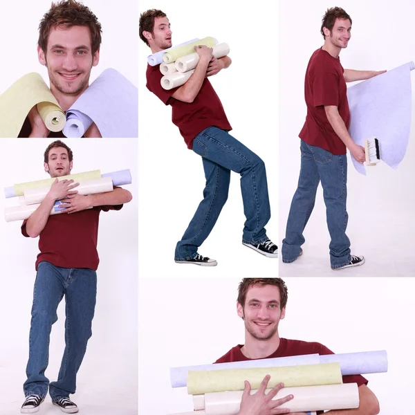 Collage of a man carrying wallpaper rolls — Stock Photo, Image