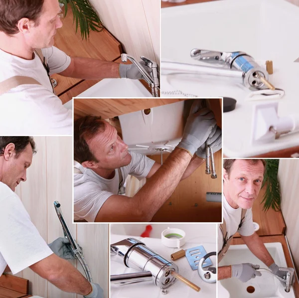 Montage of a plumber installing a kitchen sink — Stock Photo, Image