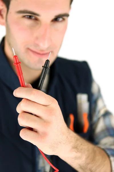 Electrician holding probes from voltmeter — Stock Photo, Image