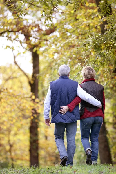 Pareja madura caminando por el bosque — Foto de Stock