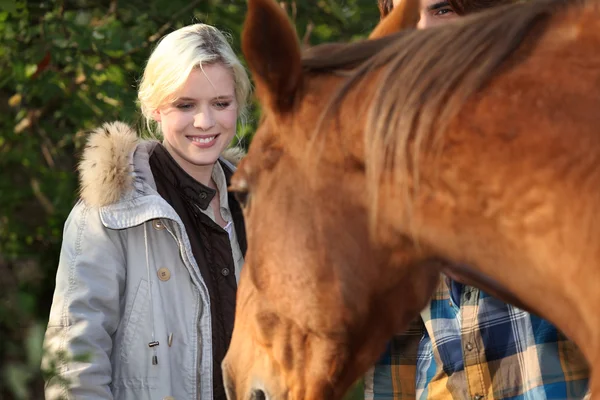 Femme passant du temps avec son cheval — Photo