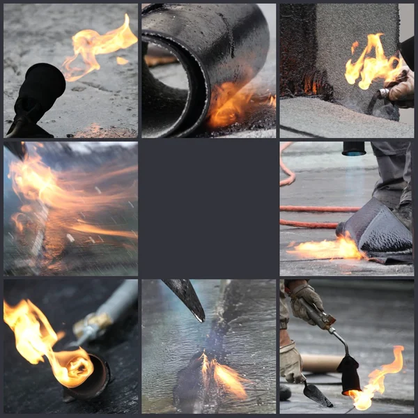 Tiras cubiertas de alquitrán calentadas por una antorcha de llama —  Fotos de Stock
