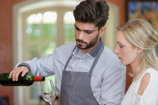 Seller Man Giving Sample Taste Wine Female Customer — Stock Photo, Image