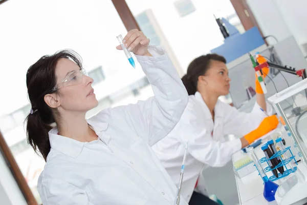 Schöne Laborantin Hält Reagenzglas Hoch — Stockfoto