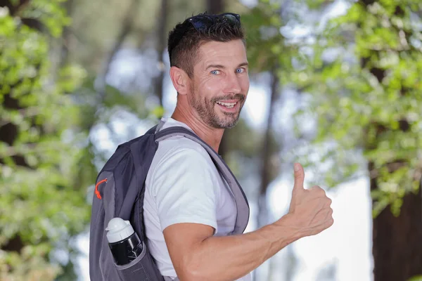 Portrait Smiling Hiker Thumbs — Stock Photo, Image