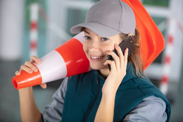 Female Worker Holding Traffic Cone — Stock Photo, Image