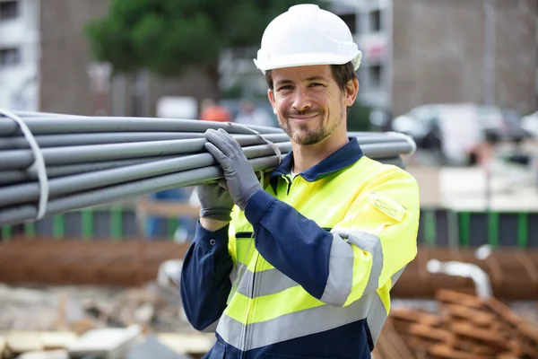 Byggnadsarbetare Byggarbetsplatsen Med Rörledning — Stockfoto