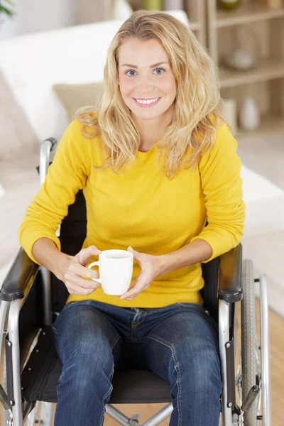 Young Office Worker Wheelchair Having Tea — Stock Photo, Image