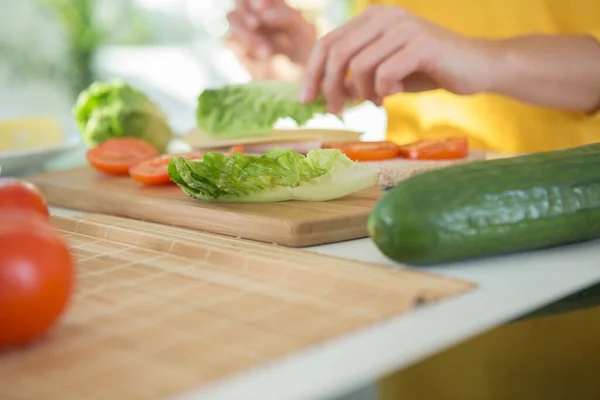 Young Woman Preparing Sandwich Home — Stock Photo, Image