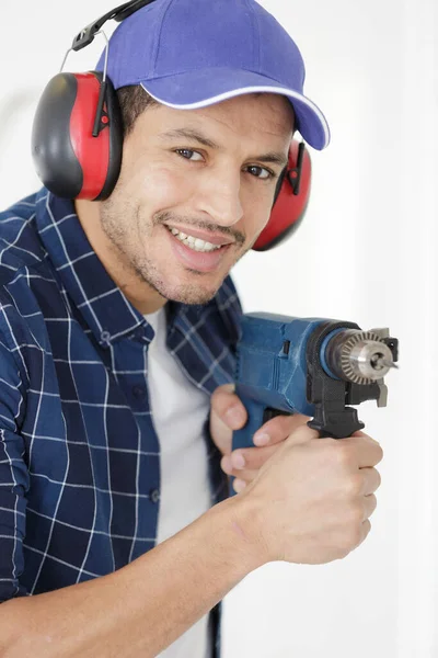 Smiling Handyman Holding Drill His Hand — Stock Photo, Image