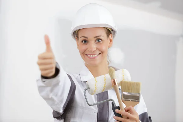 Workwoman Gives Thumbs Front — Stock Photo, Image