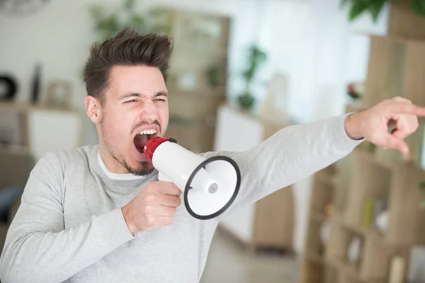 Young Man Shouting Horn Loudspeaker — Stock Photo, Image