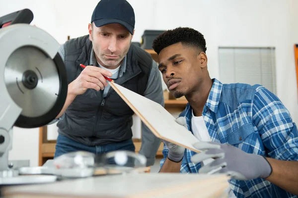 Workers Analysing Piece Wood — Stock Photo, Image