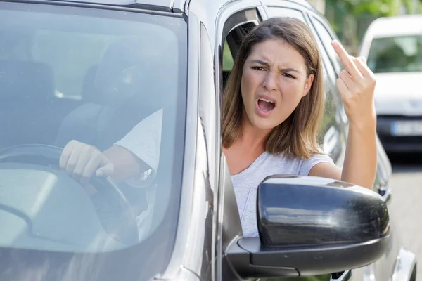 Woman Shows Obscene Gesture Car — Stock Photo, Image