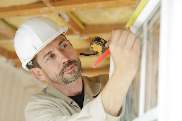 Technician Measuring Window Frame — Stock Photo, Image