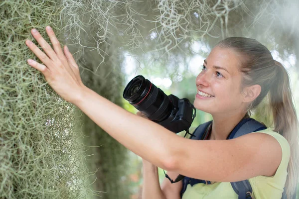 Woman Taking Photos Plants Outdoors — Fotografia de Stock