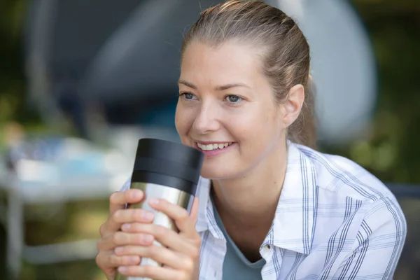 Woman Enjoying Coffee Insulated Cup While Camping —  Fotos de Stock