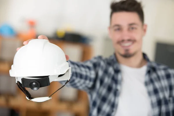 Builder Man Holding Helmet — Stockfoto