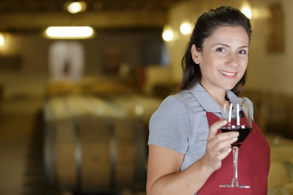 Junge Frau Posiert Mit Wein Aus Holz Weinhaus — Stockfoto