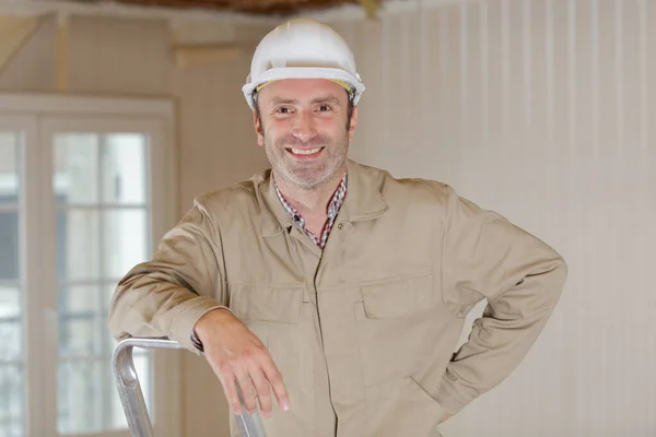 Close Portrait Builder Standing Ladder Indoors — Stock Photo, Image